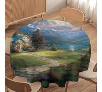 LUYYSKY Fantasy Rustic Stone House Round Tablecloth Classic Retro Spring Mountain Forest Lanscape Wildflower Field Lake Washable Decor for Table Cover for Kitchen-91.4" Wx91.4 L cm