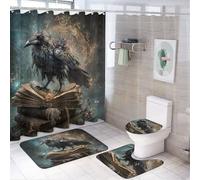 LUYYSKY Fantasy Vintage Ravens 4Pcs Shower Curtain Sets,Colorful Rustic Mid Century Magic Books Wildlife Gothic Crow Bathroom Sets with Non-Slip Rugs, Toilet Lid Cover And Bath Mat