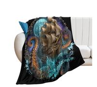 LUYYSKY Fantasy Watercolor Animals Octopus Lightweight Flannel Blanket Beautiful Nautical Full Moon Ocean Waves Sea Pirate Ship Cozy Soft Throw Blanket, 100x130 cm
