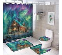 LUYYSKY Fantasy Watercolor Winter Wonderland Shower Curtain Decor Set,Beautiful Realistic Aurora Christmas Trees Forest Cabin Bathroom Decor Sets With Rugs,Bathroom Shower Curtain Set