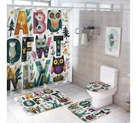 LUYYSKY Funny Abstract Alphabet Letters 4Pcs Shower Curtain Sets,Cute Anime Pine Trees Animals Owls Alphabet ABC Bathroom Sets with Non-Slip Rugs, Toilet Lid Cover And Bath Mat