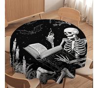 LUYYSKY Funny Abstract Gothic Skeleton Waterproof Round Tablecloth Mid Century Rustic Halloween Animal Owl Bats Horror Skull Washable Table Cover for Kitchen-152.4" Wx152.4 L cm
