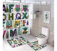 LUYYSKY Funny Cartoon Alphabet ABC 4Pcs Shower Curtain Sets,Colorful Cute Pine Forest Animals Owls Alphabet Letters Bathroom Sets with Non-Slip Rugs, Toilet Lid Cover And Bath Mat