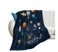 LUYYSKY Funny Cartoon Cute Astronaut Lightweight Flannel Blanket Colorful Classic Geometric Outer Space Theme Planets Sun Moon Rocket Cozy Soft Throw Blanket, 76x100 cm