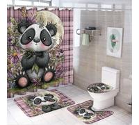 LUYYSKY Funny Cute Japanese Panda 4Pcs Shower Curtain Sets,Beautiful Abstract Red Plaid Full Moon Animal Panda Plant Rose Flowers Bathroom Sets with Non-Slip Rugs, Toilet Lid Cover And Bath Mat