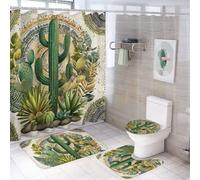 LUYYSKY Funny Minimalist Western Cactus 4Pcs Shower Curtain Sets,Retro Traditional Western Desert Aztec Tribal Plants Cactus Bathroom Sets with Non-Slip Rugs, Toilet Lid Cover And Bath Mat