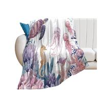 LUYYSKY Funny Modern Ocean Turtle Flannel Blanket Bedding Sofa Decor Classic Nautical Sea Animals Turtle Octopus Seahorse Jellyfish Corals Soft Warm Throw Blanket, 100x130 cm