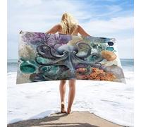 LUYYSKY Funny Nautical Animals Octopus Absorbent Beach Towel, Classic Realistic Ocean Sea Life Animals Coral Monster Octopus Compass Outdoor Single-Sided Velvet Beach Towel