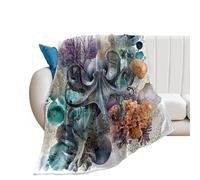 LUYYSKY Funny Nautical Animals Octopus Flannel Blanket Bedding Sofa Decor Classic Realistic Ocean Sea Life Animals Coral Monster Octopus Compass Soft Warm Throw Blanket, 130x150 cm