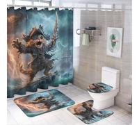 LUYYSKY Funny Nautical Cartoon Cat Shower Curtain Decor Set,Vintage Rustic Ocean Great Wave Pirate Ship Bathroom Decor Sets With Rugs,Bathroom Shower Curtain Set