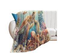 LUYYSKY Funny Nautical Ocean Turtle Flannel Blanket Bedding Sofa Decor Retro Oil Painting Sea Underwater Animals Turtle Octopus Fish Corals Soft Warm Throw Blanket, 130x150 cm
