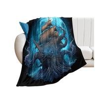 LUYYSKY Funny Nautical Wildlife Octopus Flannel Blanket Bedding Sofa Decor Beautiful Watercolor Full Moon Pirate Ship Ocean Animal Octopus Soft Warm Throw Blanket, 76x100 cm