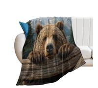 LUYYSKY Funny Realistic Wildlife Bear Flannel Blanket Bedding Sofa Decor Beautiful Abstract Forest Mountain Landscape Wooden Fence Soft Warm Throw Blanket, 130x150 cm