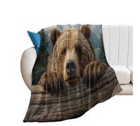 LUYYSKY Funny Realistic Wildlife Bear Lightweight Flannel Blanket Beautiful Abstract Forest Mountain Landscape Wooden Fence Cozy Soft Throw Blanket, 100x130 cm