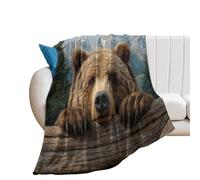LUYYSKY Funny Realistic Wildlife Bear Lightweight Flannel Blanket Beautiful Abstract Forest Mountain Landscape Wooden Fence Cozy Soft Throw Blanket, 150x200 cm