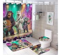 LUYYSKY Funny Retro Animals Shower Curtain Decor Set,Cartoon Cute Animals Music Guitar Cat Monkey Bear Bathroom Decor Sets With Rugs,Bathroom Shower Curtain Set