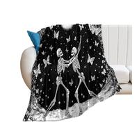LUYYSKY Funny Romantic Black&White Skull Flannel Blanket Bedding Sofa Decor Modern Halloween Moon Night Animal Butterflies Skeleton Couple Soft Warm Throw Blanket, 100x130 cm