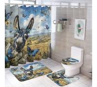 LUYYSKY Funny Rustic Donkey Shower Curtain Decor Set,Colorful Cute Wild Garden Farmhouse Sunflower Butterfly Animal Bathroom Decor Sets With Rugs,Bathroom Shower Curtain Set