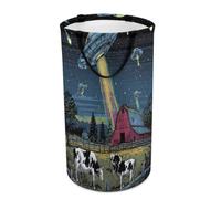 LUYYSKY Funny Rustic Farmhouse UFO Versatile Storage Laundry Basket, Western Abstract Farm Log Cabin Barn Animal Cow Large Bathroom Laundry Hamper With Handle-40 CM Dia, 69 CM High