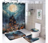 LUYYSKY Funny Spooky Cute Witch 4Pcs Shower Curtain Sets,Classic Romantic Halloween Full Moon Castle Plant Pumpkin Pattern Bathroom Sets Rugs, Toilet Lid Cover And Bath Mat-182cm W x 182cm L