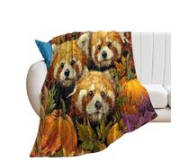 LUYYSKY Funny Vintage Animal Red Pandas Flannel Blanket Bedding Sofa Decor Abstract Rustic Autumn Plants Maple Leaves Pumpkins Print Soft Warm Throw Blanket, 130x150 cm