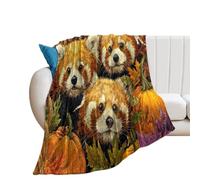 LUYYSKY Funny Vintage Animal Red Pandas Flannel Blanket Bedding Sofa Decor Abstract Rustic Autumn Plants Maple Leaves Pumpkins Print Soft Warm Throw Blanket, 100x130 cm