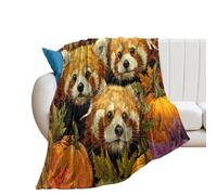 LUYYSKY Funny Vintage Animal Red Pandas Flannel Blanket Bedding Sofa Decor Abstract Rustic Autumn Plants Maple Leaves Pumpkins Print Soft Warm Throw Blanket, 76x100 cm