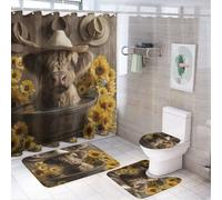 LUYYSKY Funny Vintage Baby Highland Cow Shower Curtain Decor Set,Classic Realistic Log Cabin Animal Cow Sunflowers Western Cowboy Hat Bathroom Decor Sets With Rugs,Bathroom Shower Curtain Set