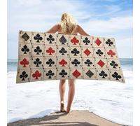 LUYYSKY Funny Vintage Poker Card Absorbent Beach Towel, Abstract Geometric Antique Texture Card Pattern Outdoor Single-Sided Velvet Beach Towel