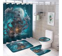 LUYYSKY Gothic Nautical Octopus Shower Curtain Decor Set,Vintage Rustic Ocean Pirate Ship Anime Theme Full Moon Bathroom Decor Sets With Rugs,Bathroom Shower Curtain Set