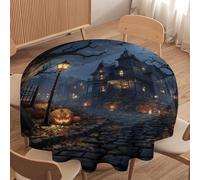 LUYYSKY Gothic Realistic Horror Castle Round Tablecloth Modern Aesthetic Halloween Full Moon Pumpkin Animals Bats Washable Decor for Table Cover for Kitchen-177.8" Wx177.8 L cm