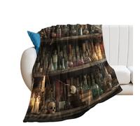 LUYYSKY Gothic Rustic Magic Bookshelf Flannel Blanket Bedding Sofa Decor Classic Vintage Halloween Skull Skeleton Print Soft Warm Throw Blanket, 150x200 cm