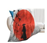LUYYSKY Japanese Abstract Samurai Flannel Blanket Bedding Sofa Decor Minimalist Watercolor Red Sun Animal Birds Print Soft Warm Throw Blanket, 150x200 cm