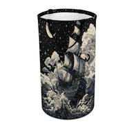 LUYYSKY Japanese Rustic Boat Versatile Storage Laundry Basket, Retro Watercolor Moon Starry Sky Ocean Waves Ship Pattern Large Capacity Bathroom Hamper With Handle