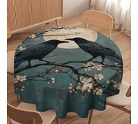 LUYYSKY Japanese Watercolor Gothic Raven Waterproof Round Tablecloth Colorful Rustic Full Moon Night Animal Raven Plant Cherry Blossom Bran Washable Table Cover for Kitchen