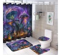 LUYYSKY Magic Cool Mushrooms Shower Curtain Decor Set,Colorful Fantasy Aurora Fairy Tale Forest Night Floral Mushroom Bathroom Decor Sets With Rugs,Bathroom Shower Curtain Set