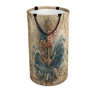 LUYYSKY Mid Century American Anchors Collapsible Dirty Clothes Basket, Nautical Vintage Ocean Great Waves USA Flag Anchor Portable Clothes Storage Basket