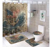 LUYYSKY Mid Century American Anchors Shower Curtain Decor Set,Nautical Vintage Ocean Great Waves USA Flag Anchor Bathroom Decor Sets With Rugs,Bathroom Shower Curtain Set