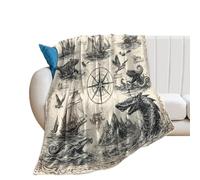 LUYYSKY Mid Century Nautical Old Map Flannel Blanket Bedding Sofa Decor Classic Abstract Ocean Tropical Animals Fish Bird Sailboat Compass Soft Warm Throw Blanket, 150x200 cm