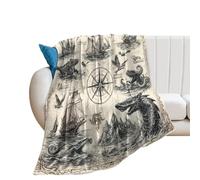 LUYYSKY Mid Century Nautical Old Map Flannel Blanket Bedding Sofa Decor Classic Abstract Ocean Tropical Animals Fish Bird Sailboat Compass Soft Warm Throw Blanket, 130x150 cm
