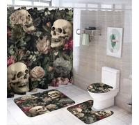 LUYYSKY Mid Century Retro Gothic Skulls Flowers 4Pcs Shower Curtain Sets,Halloween Skulls Saffron Leaves Bathroom Sets with Non-Slip Rugs, Toilet Lid Cover And Bath Mat