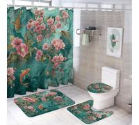 LUYYSKY Minimalist Elegant Red Fish 4Pcs Shower Curtain Sets,Vintage Japanese Teal Blue Underwater Fish Plant Cherry Blossom Flower Bathroom Sets with Non-Slip Rugs, Toilet Lid Cover And Bath Mat
