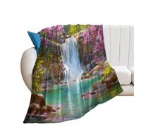 LUYYSKY Modern Abstract Spring Waterfall Lightweight Flannel Blanket Rustic Natural Landscape Japanese Cherry Blossom Floral Cozy Soft Throw Blanket, 150x200 cm