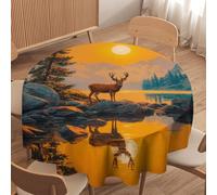 LUYYSKY Modern Abstract Wildlife Elk Waterproof Round Tablecloth Beautiful Western Sunset Pine Forest Hunting Theme Animal Deer Washable Table Cover for Kitchen-152.4" Wx152.4 L cm