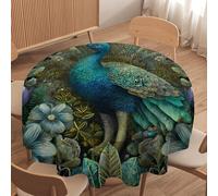 LUYYSKY Modern Beautiful Boho Peacock Waterproof Round Tablecloth Rustic Oil Painting Tropical Jungle Plants Floral Green Leaves Animal Washable Table Cover for Kitchen-70 Wx70 L