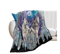 LUYYSKY Modern Classic Animal Wolves Lightweight Flannel Blanket Beautiful Realistic Full Moon Forest Dreamcatcher Wolf Pattern Cozy Soft Throw Blanket, 150x200 cm