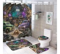 LUYYSKY Modern Vintage Repair Shop 4Pcs Shower Curtain Sets,Abstract Oil Painting Farm Tools Tractor American Cabin Bathroom Sets with Non-Slip Rugs, Toilet Lid Cover And Bath Mat