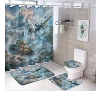 LUYYSKY Modern Watercolor Tank 4Pcs Shower Curtain Sets,American Fantasy Snowy Mountain Forest Army Fighter Bathroom Sets with Non-Slip Rugs, Toilet Lid Cover And Bath Mat