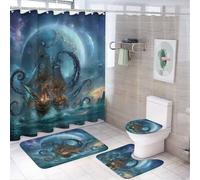 LUYYSKY Nautical Gothic Octopus 4Pcs Shower Curtain Sets,Rustic Vintage Ocean Pirate Ship Anime Theme Full Moon Bathroom Sets with Non-Slip Rugs, Toilet Lid Cover And Bath Mat
