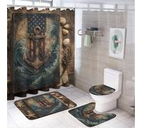 LUYYSKY Nautical Mid Century Anchors Shower Curtain Decor Set,Vintage American Ocean Great Waves USA Flag Anchor Bathroom Decor Sets With Rugs,Bathroom Shower Curtain Set